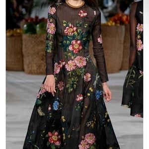Oscar de la Renta Floral Fil Coupé Gown Black Long Sleeve Size 6-12